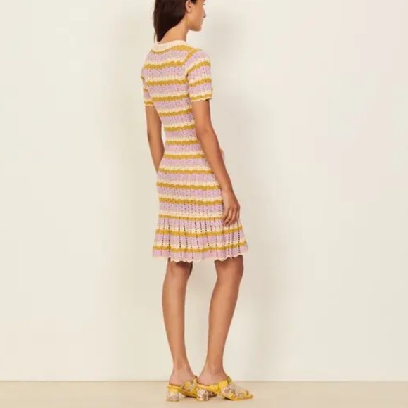 SANDRO Multicoloured Crochet Wavy Lined Collared Keyhole Ruffle Polo Dress US 8 - Picture 5 of 10